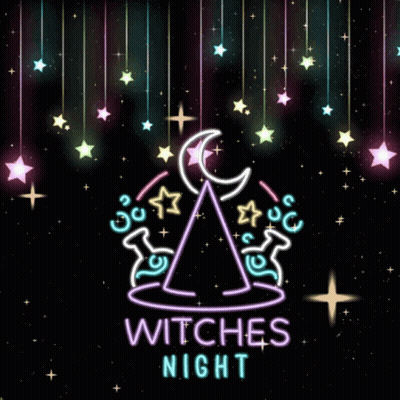 Neon Sign Saying Witches Night With Witch Hat GIF