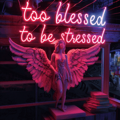 Neon Sign Too Blessed To Be Stressed Above Statue GIF