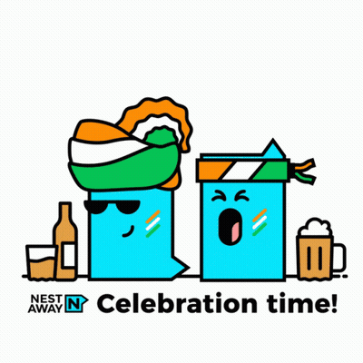Nest Away Celebration Time Advertisement With Two Cartoon Characters GIF