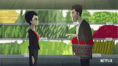 Netflix Ad Man And Woman In Grocery Store Aisle GIF
