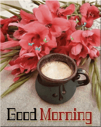 New Good Morning Pink Flower With Coffee GIF