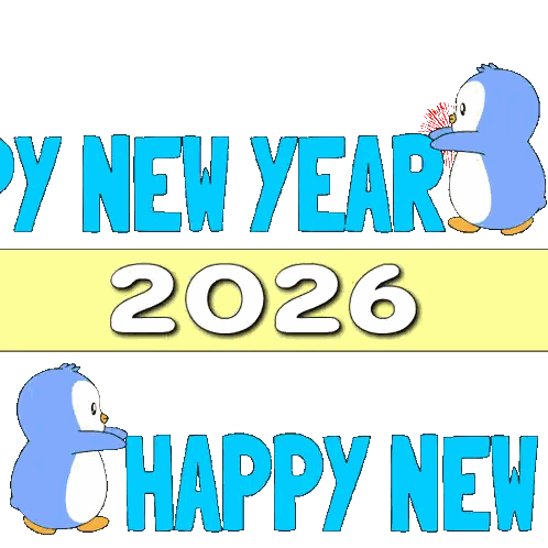 New Year Greeting Card With Two Penguins Saying Happy 2026 Sticker