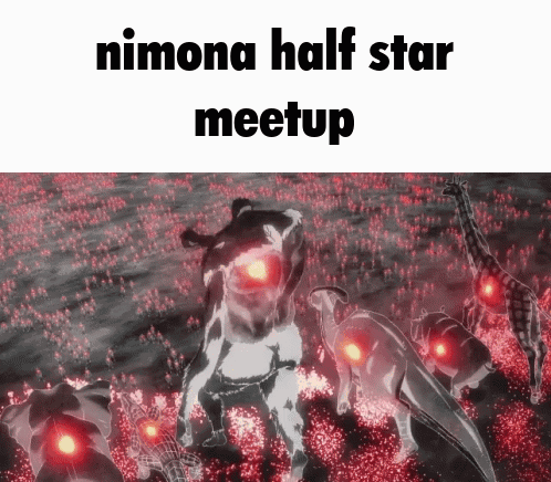 Nimona Half Star Meetup With A Picture Of Animals In The Background GIF