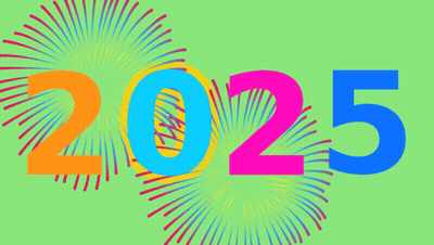 Number 2025 Surrounded By Fireworks On Yellow Background GIF
