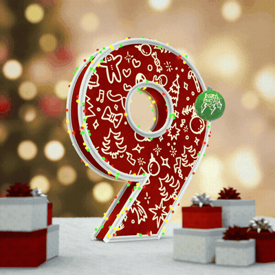Number 9 With Christmas Decorations And Lights GIF