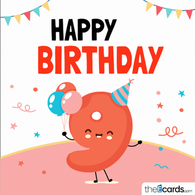 Number Nine Holding Balloon Birthday Card GIF