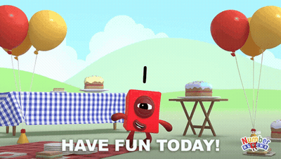 Numberblocks Character With Balloons And Cakes Says Have Fun Today GIF