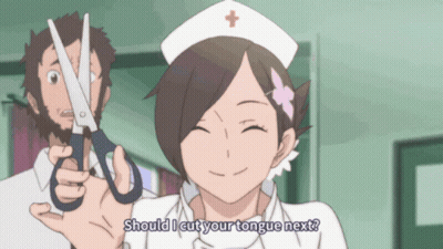 Nurse Holding Scissors Saying Should I Cut Your Tongue Next GIF