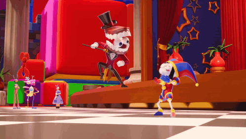 Nutcracker And Jester Dancing On Checkered Floor GIF