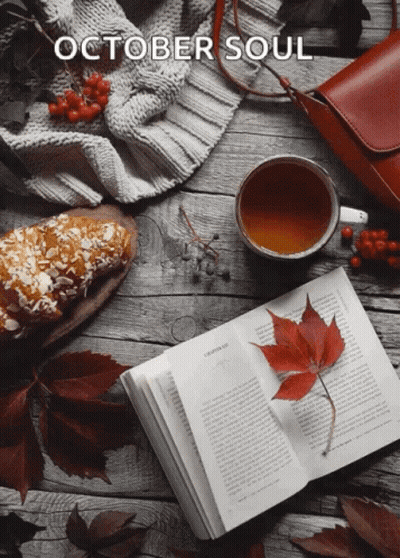 October Soul Poster With Book Cup Of Tea And Leaf GIF