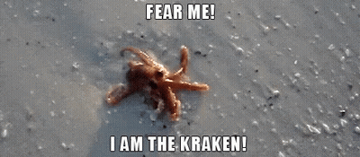 Pulpo arrastrándose en la playa diciendo Témeme soy el Kraken GIF