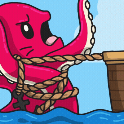 Octopus Tied To Wooden Barrel With Rope GIF