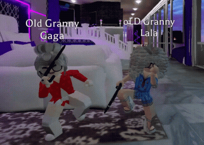 Old Granny Gaga And Old Granny Lala Are Standing Next To Each Other In A Room GIF