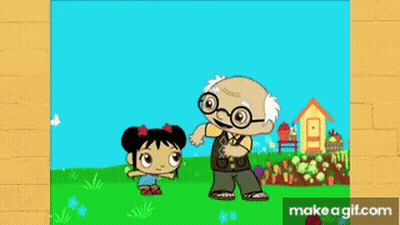 Old Man And Little Girl Standing In Garden GIF