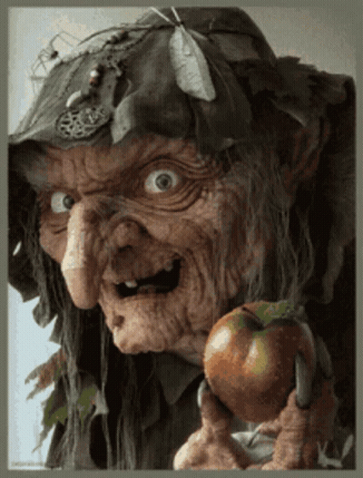 Old Witch Holding Apple With Pentagram On Head GIF