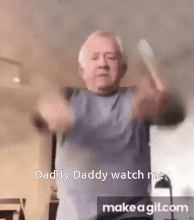 Older Man Holding Spoon Says Daddy Daddy Watch Me Make A GIF