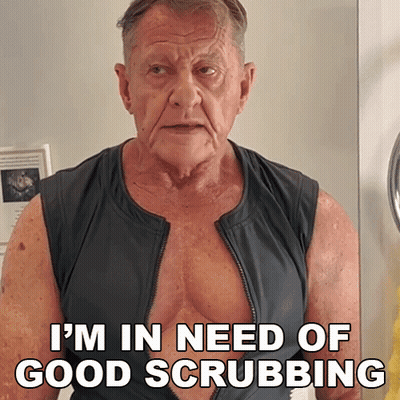 Older Man With Chest Zipper Saying I'm In Need Of Good Scrubbing GIF