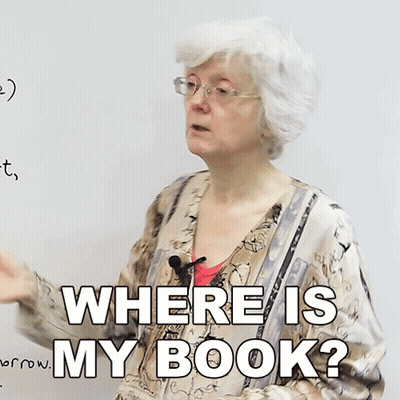 Older Woman In Front Of Whiteboard Saying Where Is My Book GIF