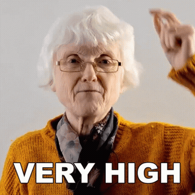 Older Woman Wearing Glasses And Yellow Sweater Says Very High GIF