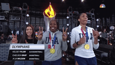 Olympians Kelsey Plum Chelsea Gray And A Ja Wilson Pose For A Picture GIF