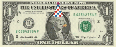 One Dollar Bill With Birthday Hat GIF