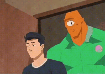 One-Eyed Cartoon Standing Next To Man In Black Shirt GIF