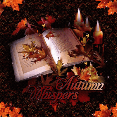 Open Book With Autumn Leaves And Candles Saying Autumn Whispers GIF