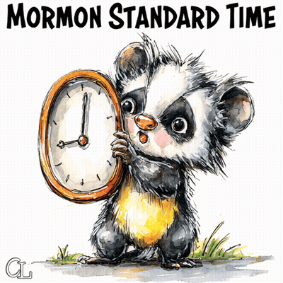 Opossum Holding Clock Saying Mormon Standard Time GIF