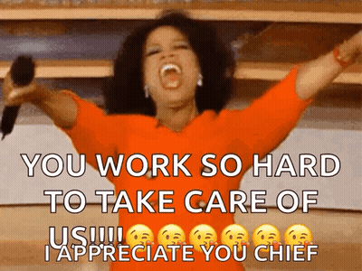 Oprah Winfrey Holding Microphone Arms Up Saying You Work So Hard To Take Care Of Us GIF