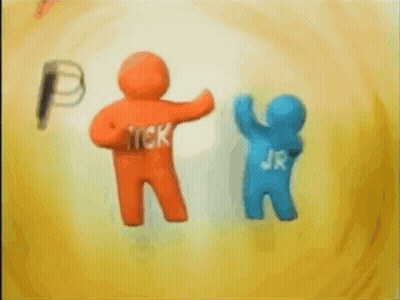 Orange And Blue Cartoon Characters Holding Hands GIF