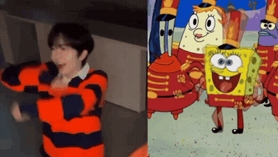 Orange Black Striped Shirt Man Dancing Next To Spongebob Band GIF