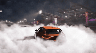 Orange Car Doing Burnout Beside Hazard Sign GIF