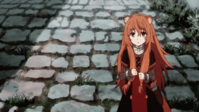 Orange-Haired Girl Holding Scarf On Stone Path GIF