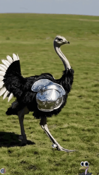 Ostrich Wearing Helmet And Armor In Field GIF
