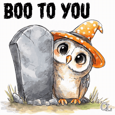 Owl In Witch Hat Next To Grave Saying Boo To You GIF
