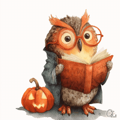 Owl Reading Book Next To Carved Pumpkin GIF