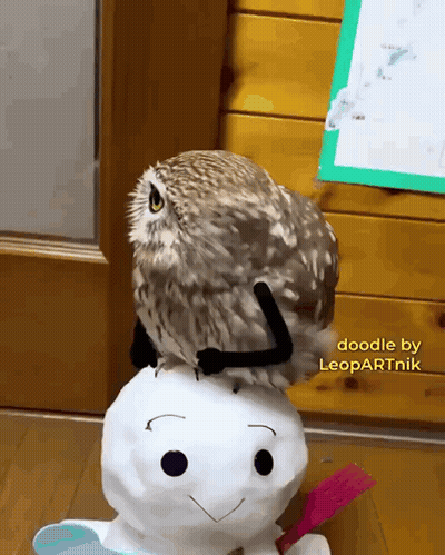 Owl Sitting On Stuffed Snowman Doodle By Leopartnik GIF