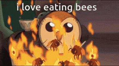 Owl Surrounded By Burning Bees Saying I Love Eating Bees GIF