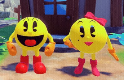 Pac Man And Pac Woman Are Holding Hands In A Video Game GIF