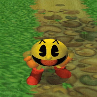 Pac Man Is Walking Along A Path With A Yellow Ball In The Background GIF