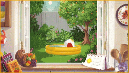 Painting Of Backyard With Pool And Calendar GIF