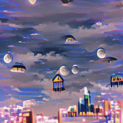 Painting Of City Skyline With Houses And Multiple Moons GIF