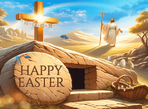 Painting Of Jesus In Front Of Tomb With Happy Easter GIF