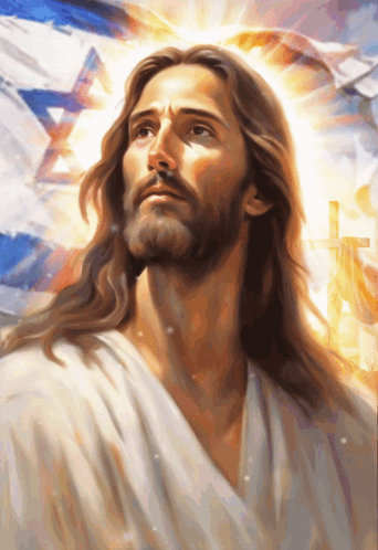 Painting Of Jesus Looking Up With Cross In Background GIF