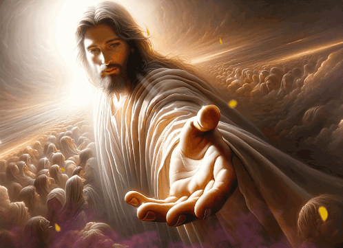 Painting Of Jesus Reaching Out Hand To Crowd GIF