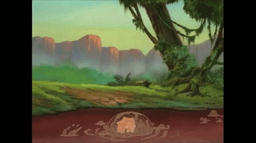 Painting Of Jungle Scene With Tree And Mountains GIF