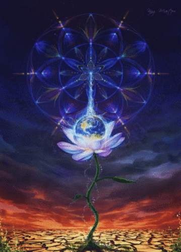Painting Of Lotus Flower With Globe In Center GIF