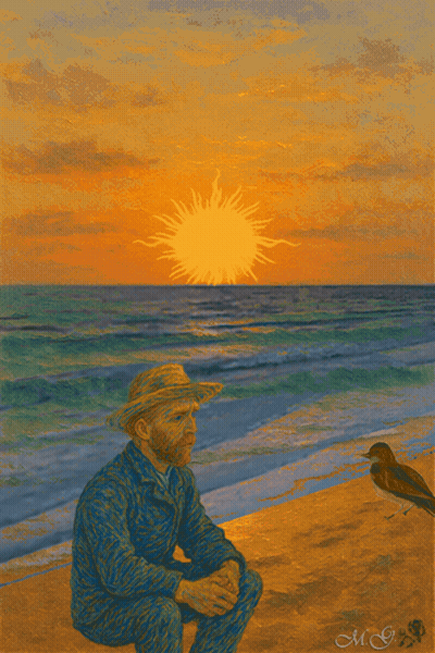 Painting Of Man Sitting On Beach With Letters MG GIF