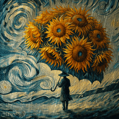 Painting Of Person Holding Umbrella With Sunflowers GIF