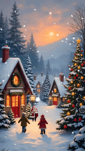 Painting Of Santa Claus Walking Down Snowy Street GIF